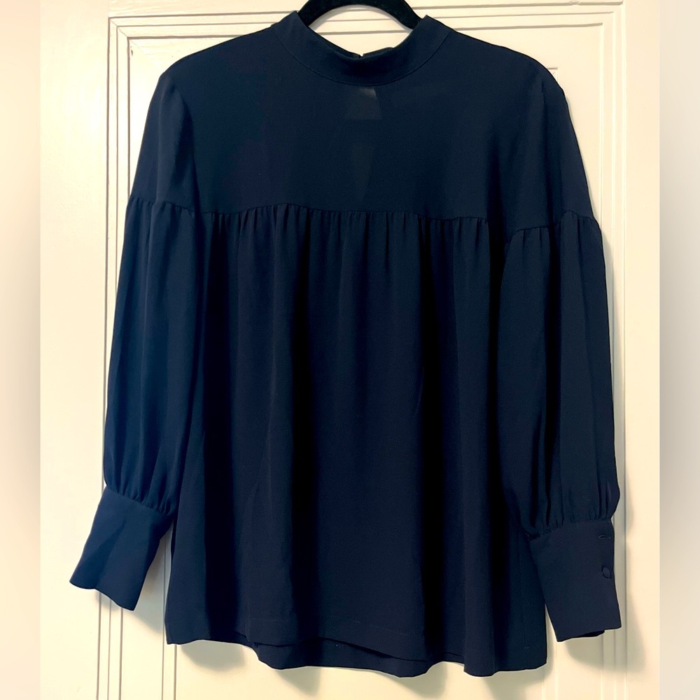 Flowy, navy blouse. Perfect for fall and winter!